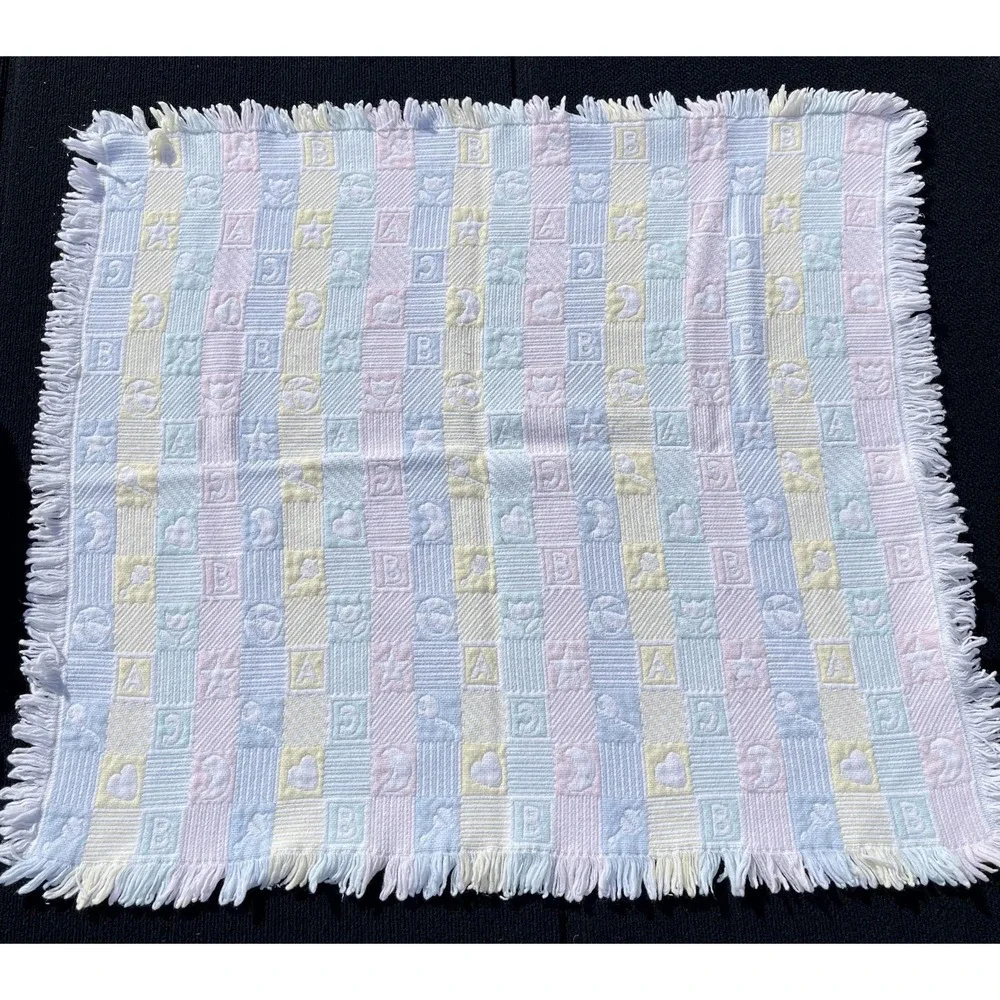 Vintage Pastel ABC Baby‎ Blanket Textured Alphabet Stars Moons Hearts Fringe